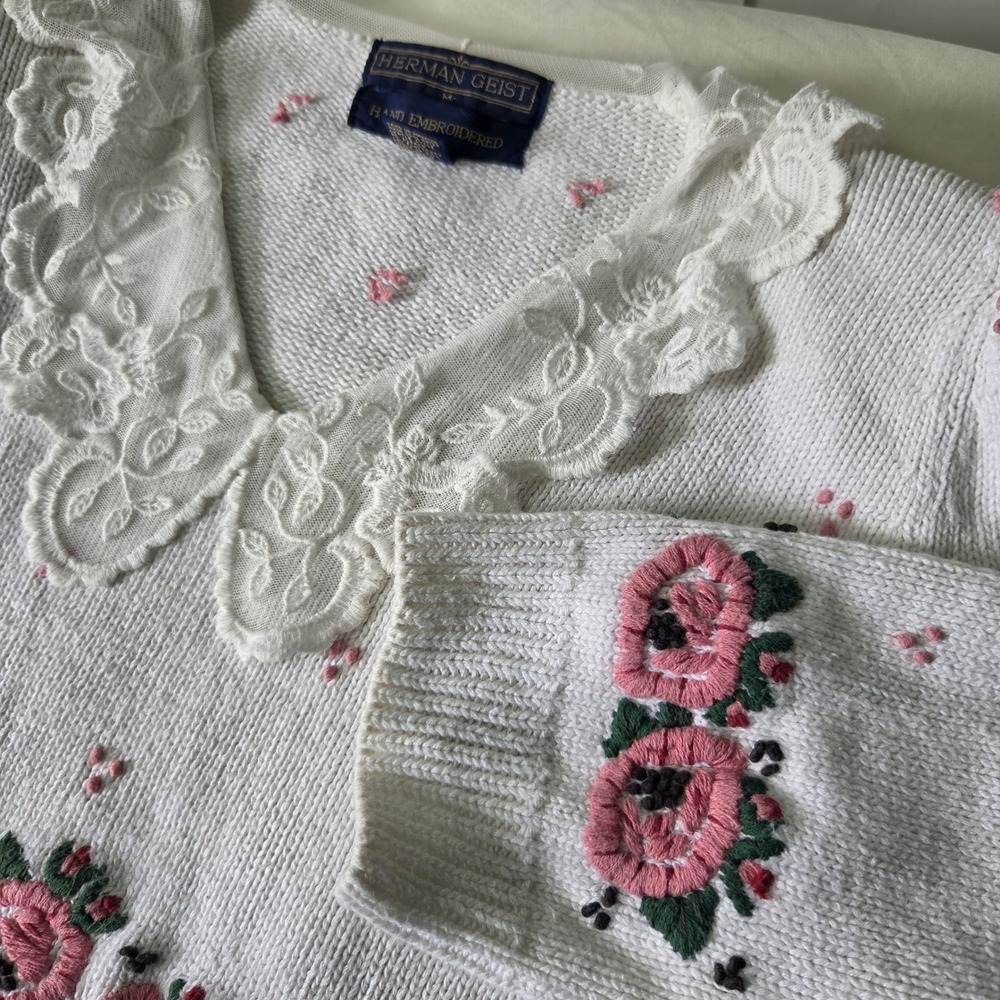 Herman Geist Vintage Hand Embroidered Floral Lace Collar Linen Cotton Sweater M